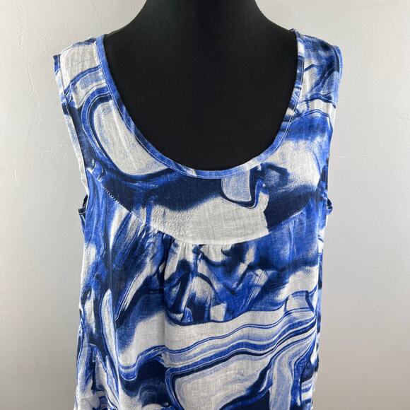 Piazza Del Tempio White Blue Tiered Top Linen Abstract Print Scoop Neck Size XL - Picture 3 of 12